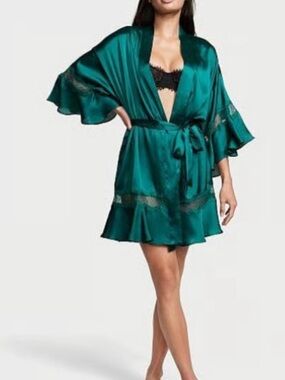 Victoria Secret Satin Short Robe with Lace Trim and Belt